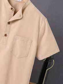 Boys Patched Pocket Half Button Shirt & Shorts - Multicolor - View 3