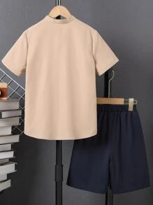 Boys Patched Pocket Half Button Shirt & Shorts - Multicolor - View 5