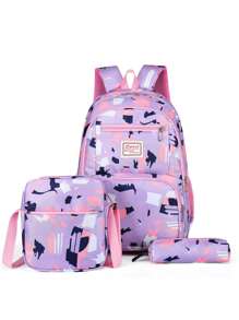 3pcs Geometric Pattern Letter Patch Decor Functional Backpack Set School Bag Set For Graduate, Teen Girls, Freshman, Sophomore, Junior & Senior In College, University & High School, Perfect For Outdoors ,Travel & Back To School - Multicolor - View 1