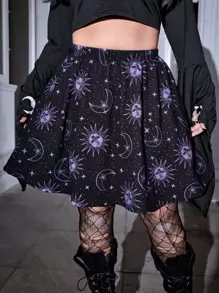 ROMWE PUNK Plus Galaxy Print Flare Skirt Without Belt - Multicolor - View 3