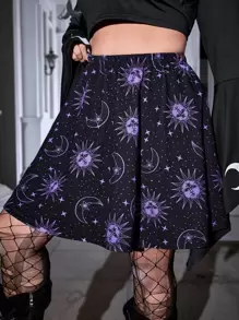 ROMWE PUNK Plus Galaxy Print Flare Skirt Without Belt - Multicolor - View 5