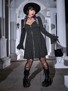 ROMWE PUNK 大碼條紋印花荷葉袖拉鏈開襟連衣裙 - 黑色 - 查看 3