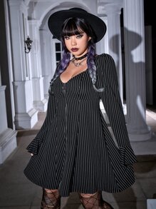 ROMWE PUNK 大碼條紋印花荷葉袖拉鏈開襟連衣裙 - 黑色 - 查看 4