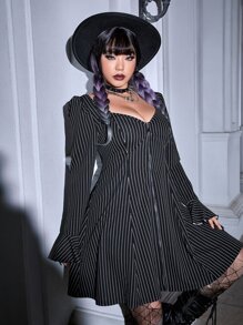 ROMWE PUNK 大碼條紋印花荷葉袖拉鏈開襟連衣裙 - 黑色 - 查看 5