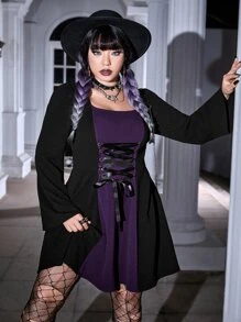 ROMWE PUNK Plus Lace Up Front Flounce Sleeve Dress - Black - View 1