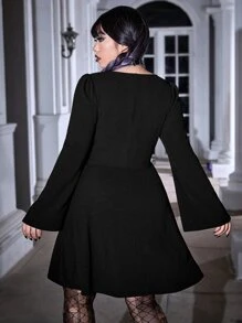 ROMWE PUNK Plus Lace Up Front Flounce Sleeve Dress - Black - View 2