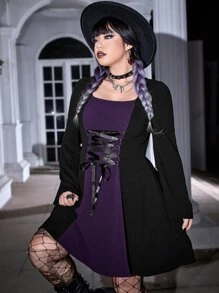 ROMWE PUNK Plus Lace Up Front Flounce Sleeve Dress - Black - View 5