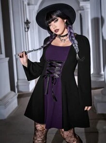 ROMWE PUNK Plus Lace Up Front Flounce Sleeve Dress - Black - View 6