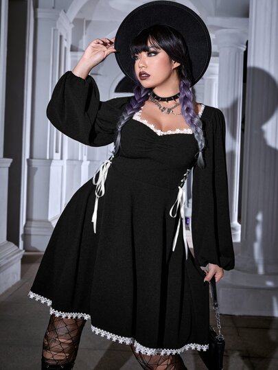Plus Lace Up Side Guipure Lace Trim Lantern Sleeve Dress
