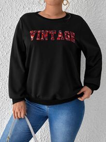 SHEIN Frenchy Plus Floral Print Letter Embroidery Sweatshirt - Black - View 1