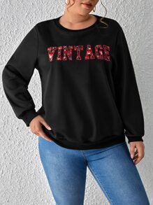 SHEIN Frenchy Plus Floral Print Letter Embroidery Sweatshirt - Black - View 3