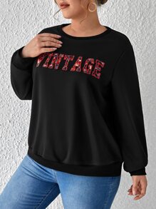 SHEIN Frenchy Plus Floral Print Letter Embroidery Sweatshirt - Black - View 4