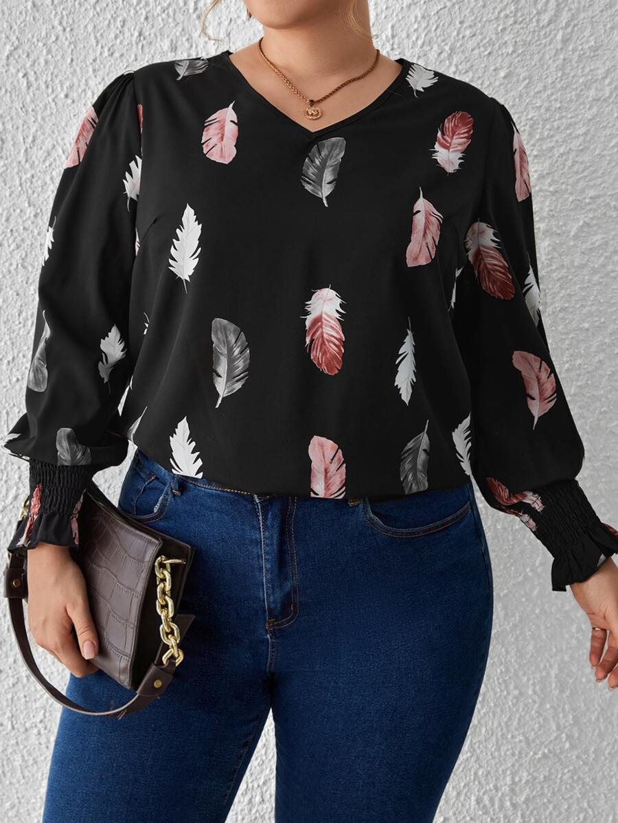 SHEIN Clasi Plus Feather Print Lantern Sleeve Blouse - Multicolor - View 1