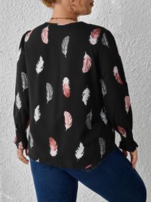 SHEIN Clasi Plus Feather Print Lantern Sleeve Blouse - Multicolor - View 2