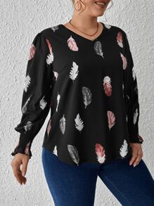 SHEIN Clasi Plus Feather Print Lantern Sleeve Blouse - Multicolor - View 4