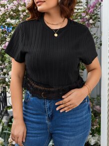 SHEIN Frenchy Plus Contrast Lace Hem Tee - Black - View 1