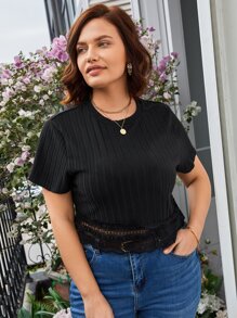 SHEIN Frenchy Plus Contrast Lace Hem Tee - Black - View 4