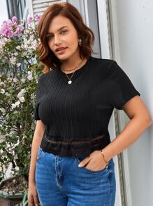 SHEIN Frenchy Plus Contrast Lace Hem Tee - Black - View 5