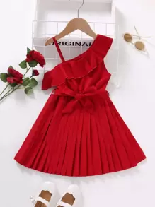 SHEIN Toddler Girls Asymmetrical Neck Ruffle Trim Pleated Hem Belted Dress - Red - View 1