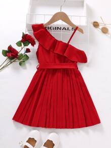 SHEIN Toddler Girls Asymmetrical Neck Ruffle Trim Pleated Hem Belted Dress - Red - View 2