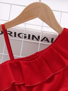 SHEIN Toddler Girls Asymmetrical Neck Ruffle Trim Pleated Hem Belted Dress - Red - View 3