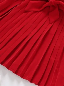 SHEIN Toddler Girls Asymmetrical Neck Ruffle Trim Pleated Hem Belted Dress - Red - View 4