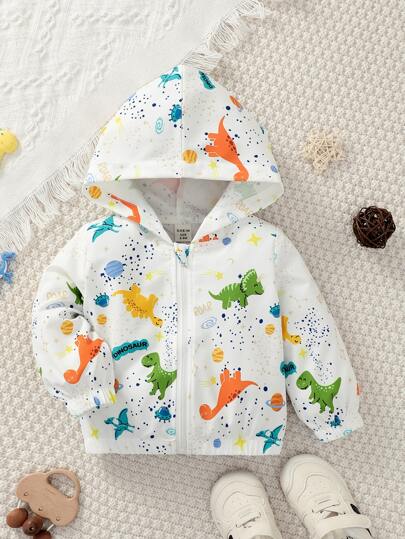 SHEIN Vintaside Kids Đứa bé trai In Khủng long Phim hoạt hình Dây kéo áo có mũ Áo khoác