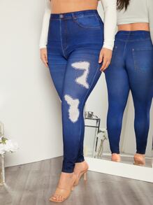 SHEIN Essnce 大碼圖形圖案毛邊緣緊身打底褲 - 藍色 - 查看 2