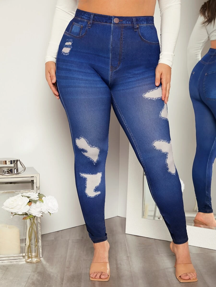 SHEIN Essnce 大碼圖形圖案毛邊緣緊身打底褲 - 藍色 - 查看 1