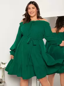 SHEIN Clasi 大碼一字肩荷葉袖荷葉邊繫腰帶連衣裙 - 綠色 - 查看 2
