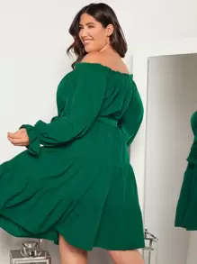 SHEIN Clasi 大碼一字肩荷葉袖荷葉邊繫腰帶連衣裙 - 綠色 - 查看 3