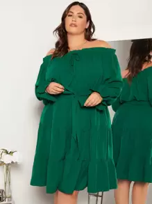 SHEIN Clasi 大碼一字肩荷葉袖荷葉邊繫腰帶連衣裙 - 綠色 - 查看 4