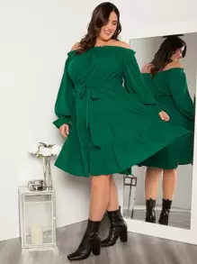 SHEIN Clasi 大碼一字肩荷葉袖荷葉邊繫腰帶連衣裙 - 綠色 - 查看 5