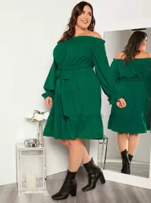 SHEIN Clasi 大碼一字肩荷葉袖荷葉邊繫腰帶連衣裙 - 綠色 - 查看 6