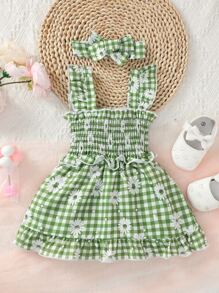 Baby Gingham & Floral Print Ruffle Trim Dress With Headband - Multicolor - View 1