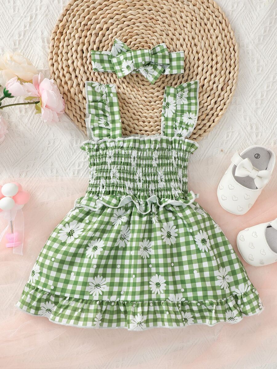 Baby Gingham & Floral Print Ruffle Trim Dress With Headband - Multicolor - View 1