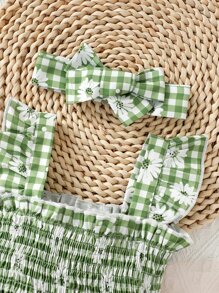 Baby Gingham & Floral Print Ruffle Trim Dress With Headband - Multicolor - View 3