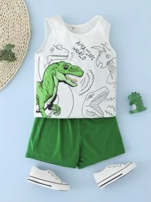 小男童字母和恐龍印花背心上衣和短褲