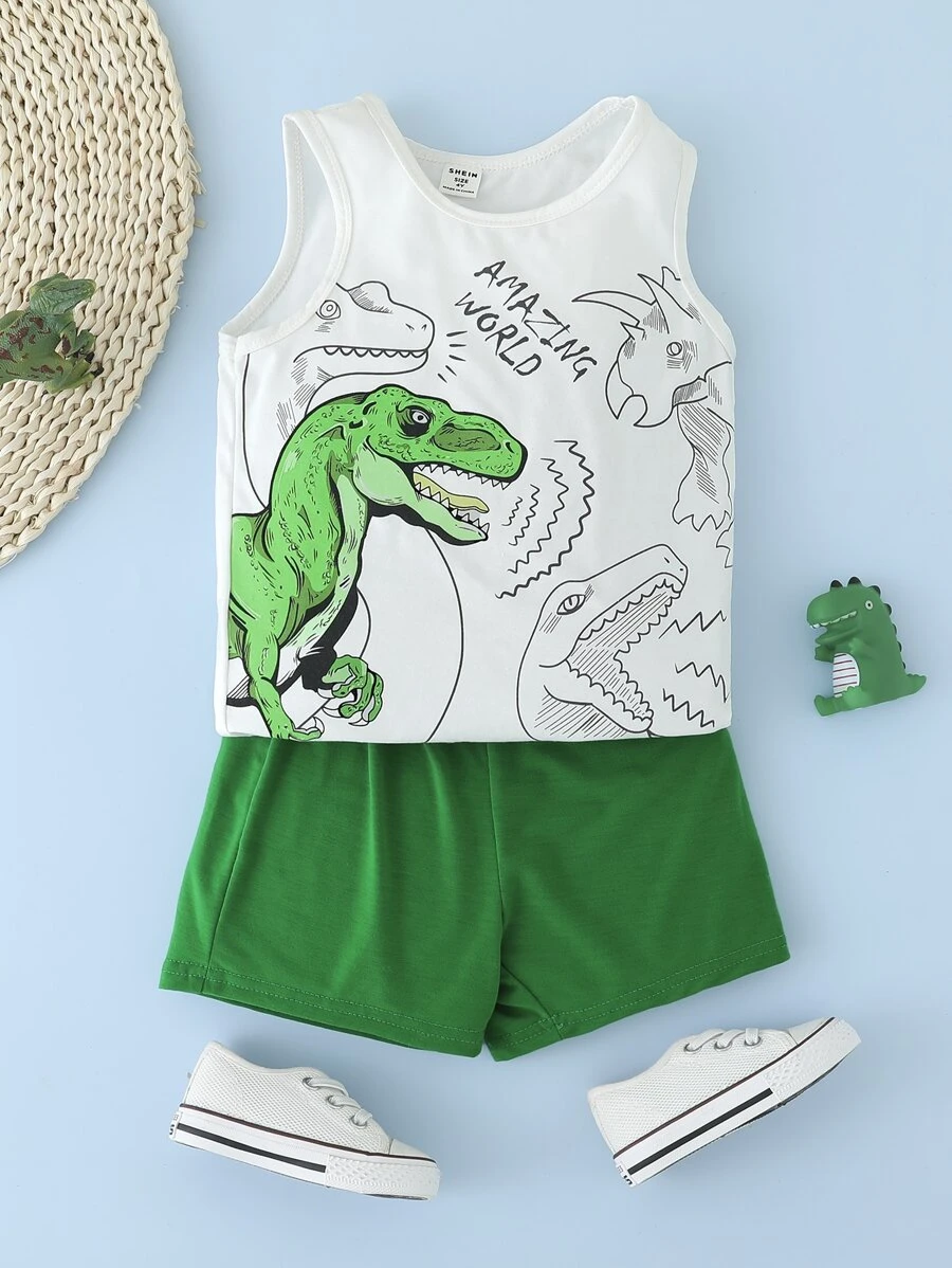 小男童字母和恐龍印花背心上衣和短褲