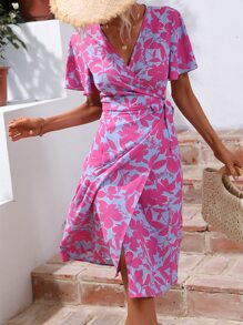SHEIN VCAY Đầm Thắt nút Trọn gói Hoa Tất cả trên in Boho - Màu xanh lam - Xem 1