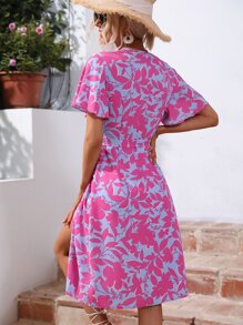 SHEIN VCAY Đầm Thắt nút Trọn gói Hoa Tất cả trên in Boho - Màu xanh lam - Xem 2