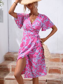 SHEIN VCAY Đầm Thắt nút Trọn gói Hoa Tất cả trên in Boho - Màu xanh lam - Xem 5
