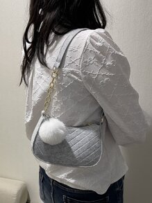 鋸齒紋細節鏈條裝飾流浪包帶球球包飾 - 淺灰色 - 查看 6