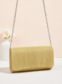 迷你褶邊拼塊翻蓋鏈條金屬亮絲方包 - 金色 - 查看 6