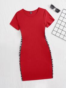 SHEIN EZwear Contrast Letter Tape Side Dress - Red - View 1