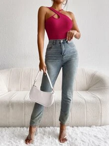 SHEIN Privé Top con cruce delantero - Rosa Fucsia - Ver 3