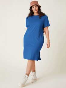 SHEIN BASICS Plus Size Solid Split Hem Dress - Blue - View 4