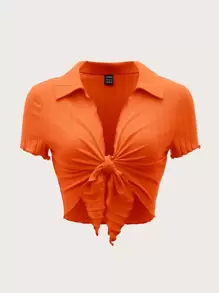 SHEIN EZwear Lettuce Trim Knot Front Crop Top