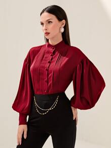 Modelyn Burgundy Red Mock Neck Lantern Sleeve Fold Pleated Blouse - Burgundy - View 2