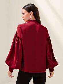 Modelyn Burgundy Red Mock Neck Lantern Sleeve Fold Pleated Blouse - Burgundy - View 3